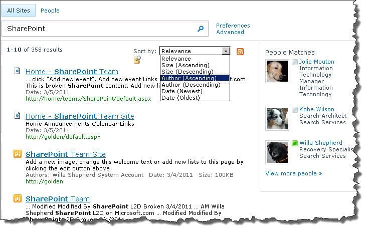 Search Center with Sortable Properties