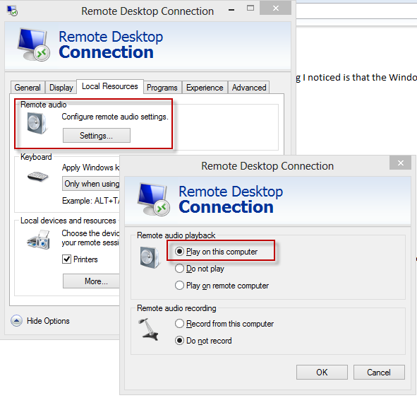 Remote Desktop Audio Settings